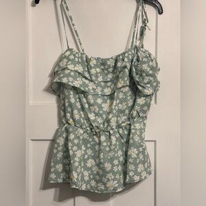 NWT HEYSON Green floral ruffled smocked adjustable strap boho tank top blouse